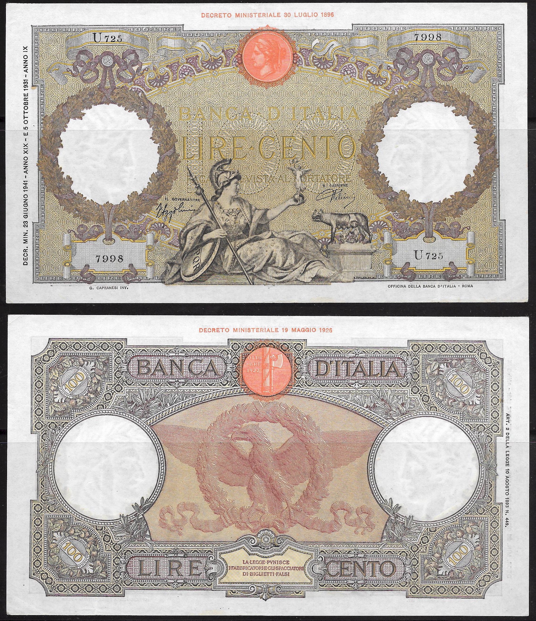 Vittorio Emanuele III - cento lire "Aquila Romana- Roma" -dec. min. 23-06-1941