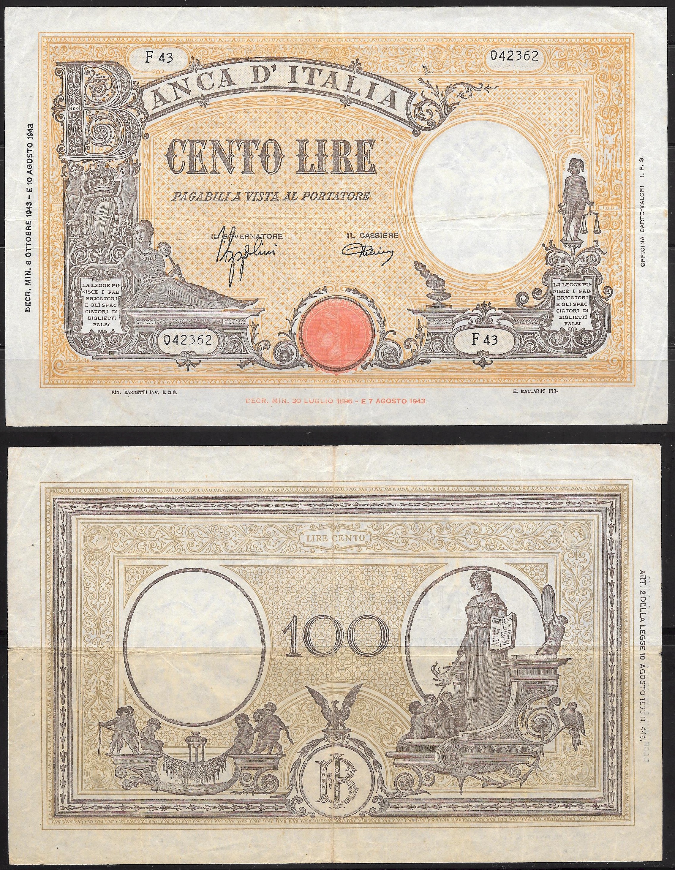 Repubblica Sociale - cento lire - dec. min. 08-10-1943 