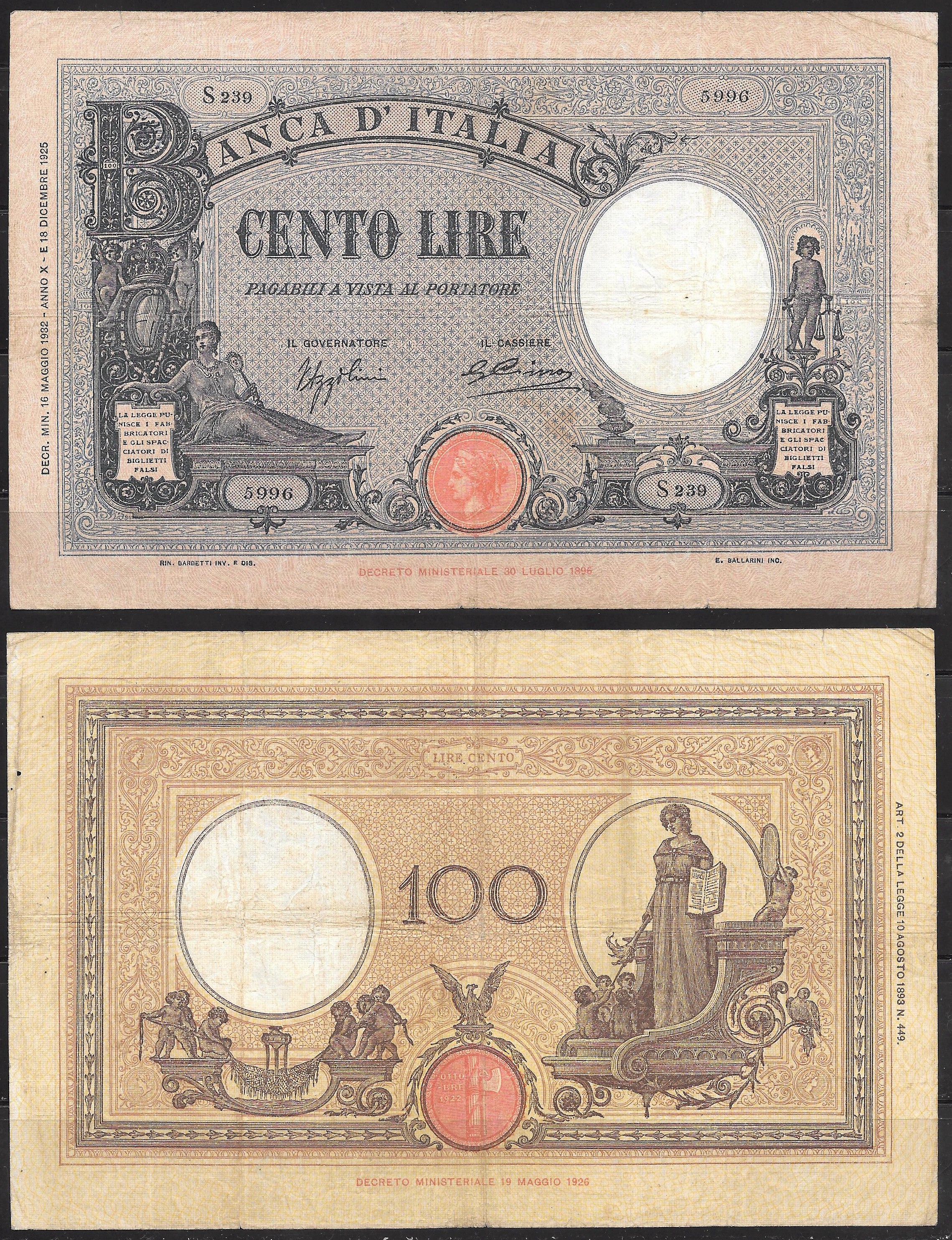 Vittorio Emanuele III - cento lire - "Grande B" - dec. min. 02-03-1931