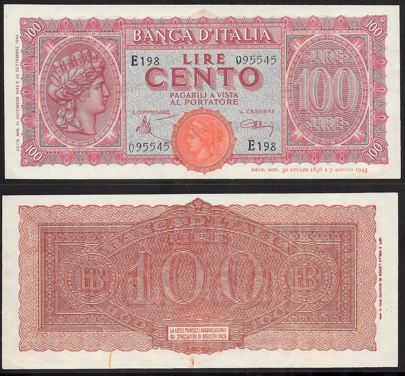 Luogotenenza - cento lire "Italia Turrita" -dec. min. 10-12-1944