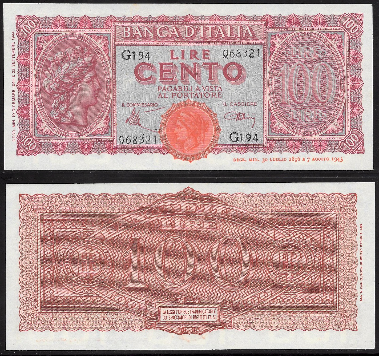 Luogotenenza - cento lire "Italia Turrita" - dec. min. 10-12-1944