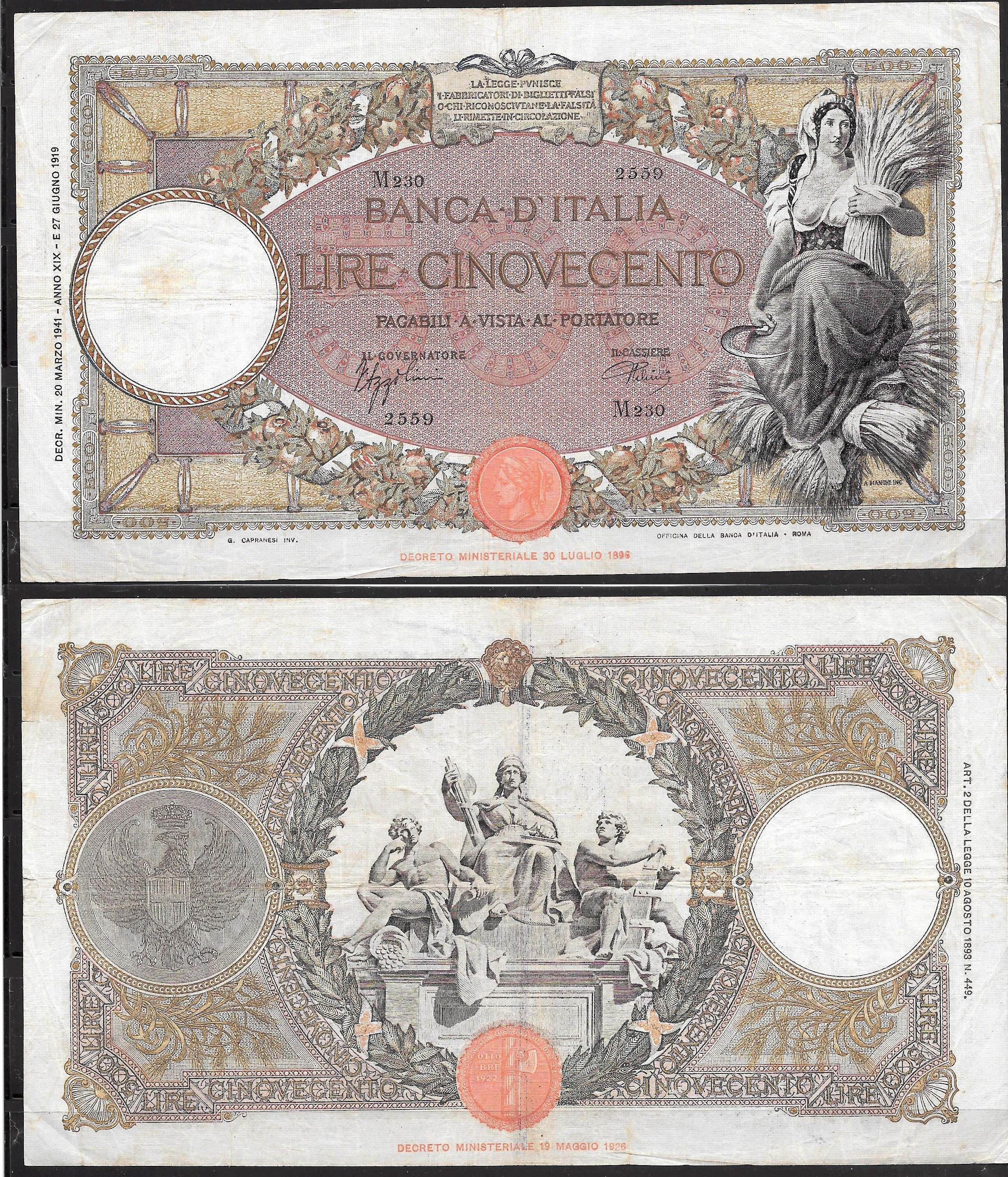 Vittorio Emanuele III - cinquecento lire "Mietitrice" - dec. min. 20-03-1941