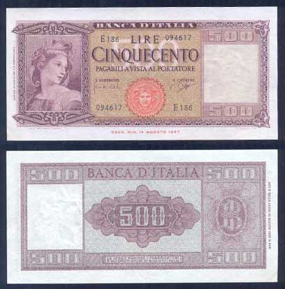 Repubblica Italiana - cinquecento lire "Italia Ornata di Spighe" - dec. min. 23-03-1961 - numero di serie 094617