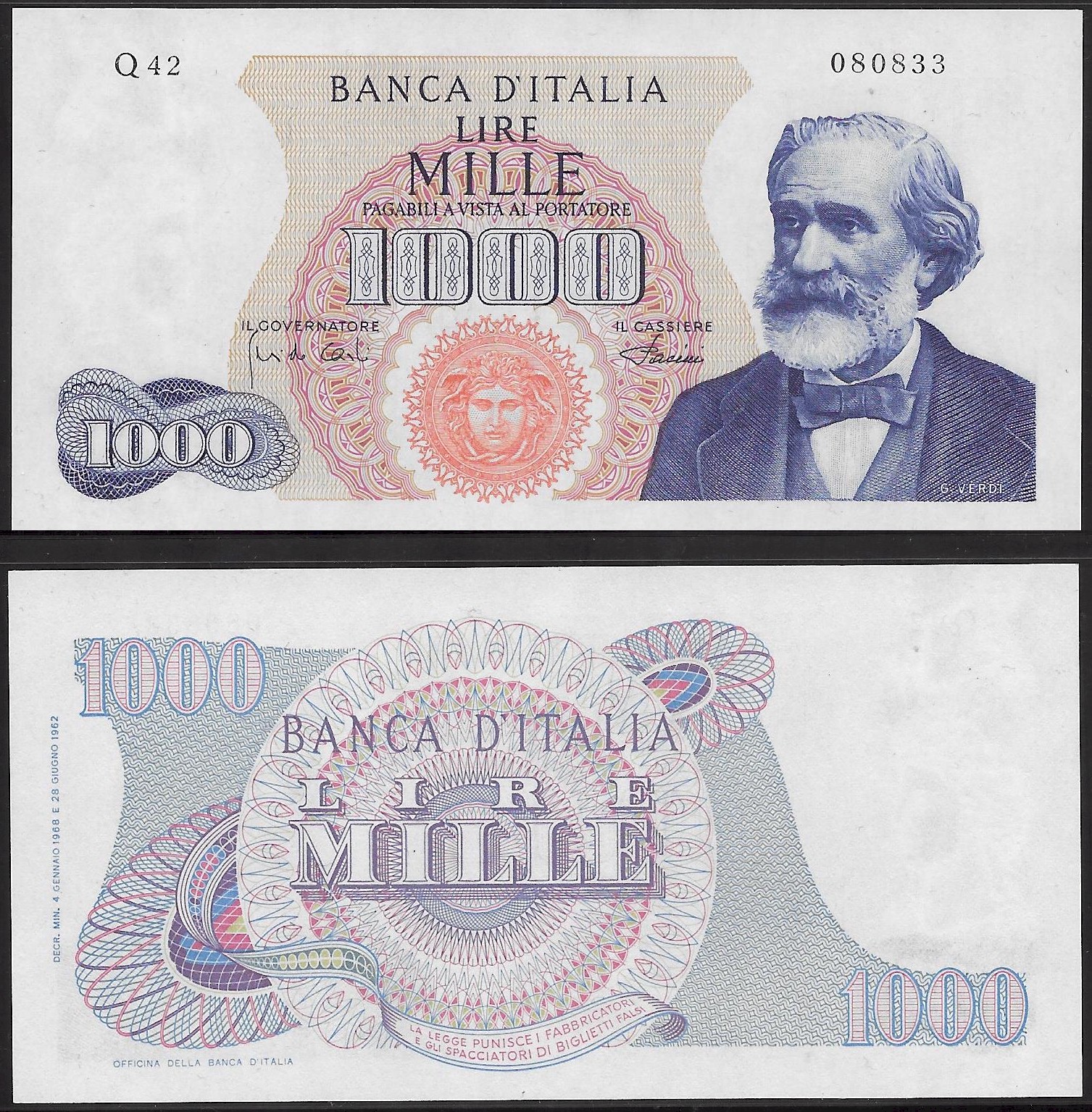 Repubblica Italiana - mille lire "Giuseppe Verdi -1 Tipo" - dec. min. 04-01-1968