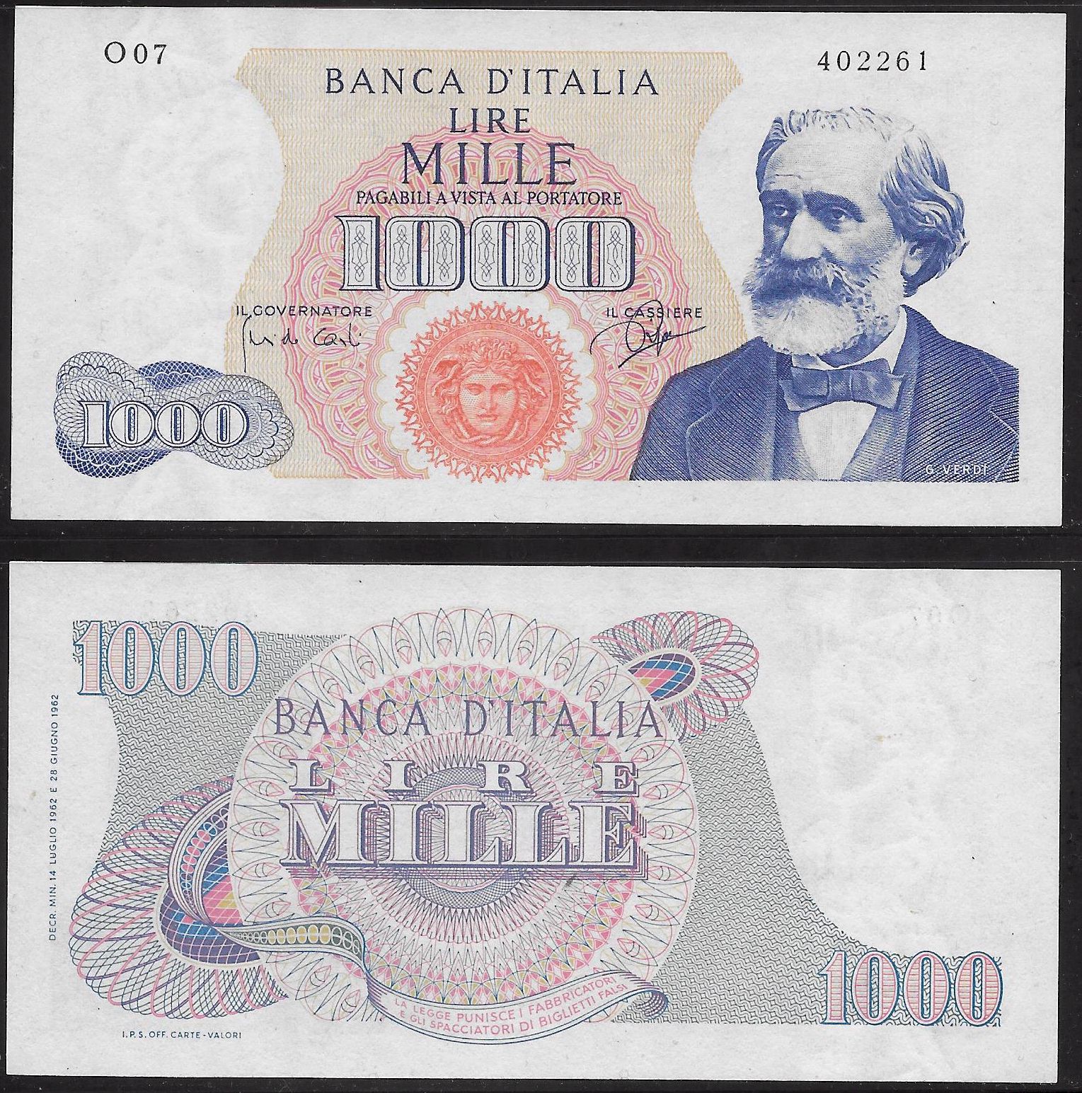Repubblica Italiana - mille lire "Giuseppe Verdi -1 Tipo" - dec. min. 14-07-1962