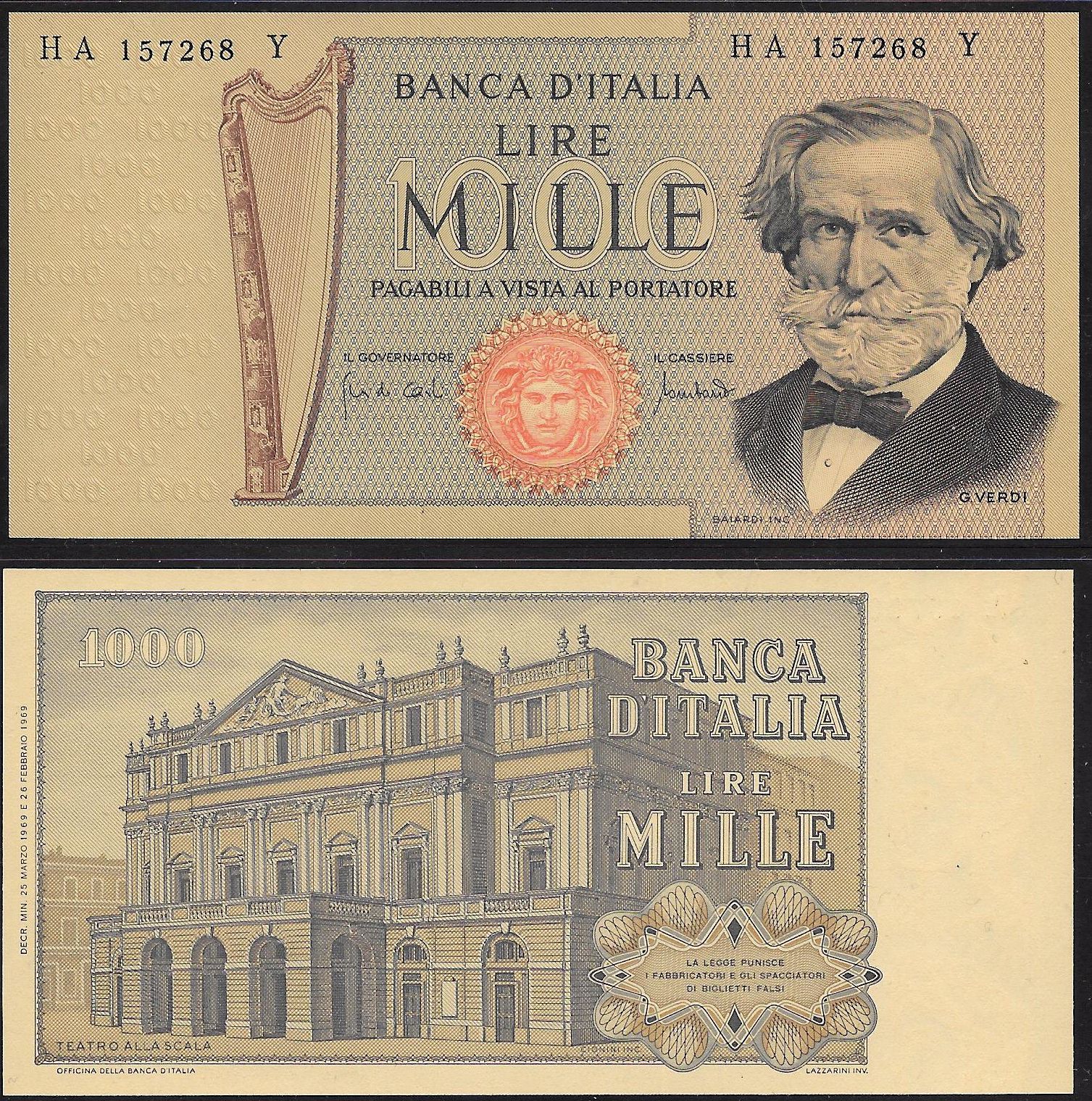  Repubblica Italiana - mille lire "Giuseppe Verdi - 2 Tipo" - decreti vari - foto di repertorio