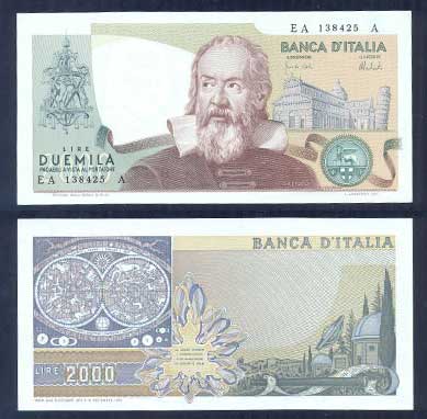 Repubblica Italiana - duemila lire "Galileo Galilei" - dec. min. 08-10-1973 - foto di repertorio