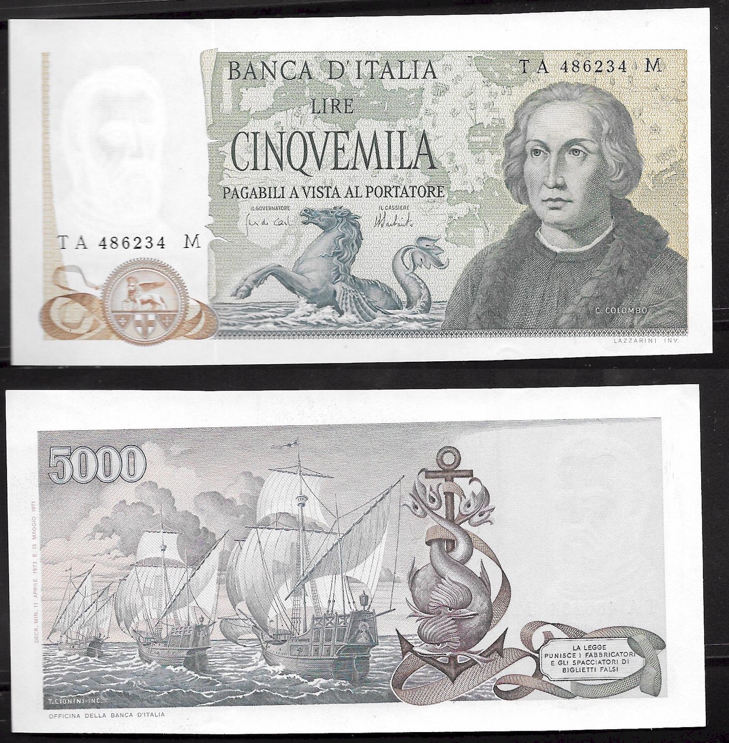 Repubblica Italiana - cinquemila lire "Colombo - 3 Caravelle" - dec. min. 11-04-1973