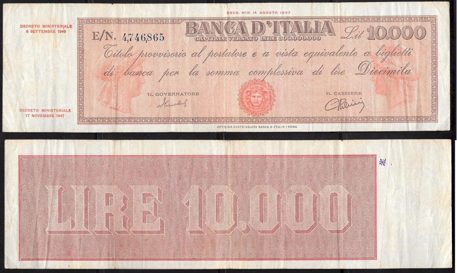  Repubblica Italiana - diecimila lire "Titolo Provvisorio" - dec. min. 06-09-1949
