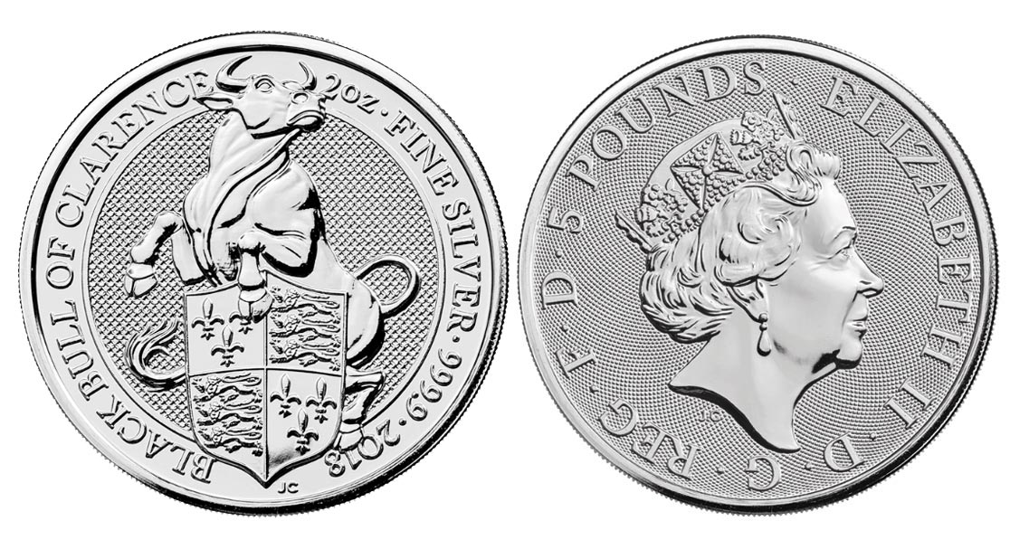 "Figure araldiche della regina - Black bull di Clarence" - moneta da 5 Pounds (2 oz) gr. 62,20 ag 999/