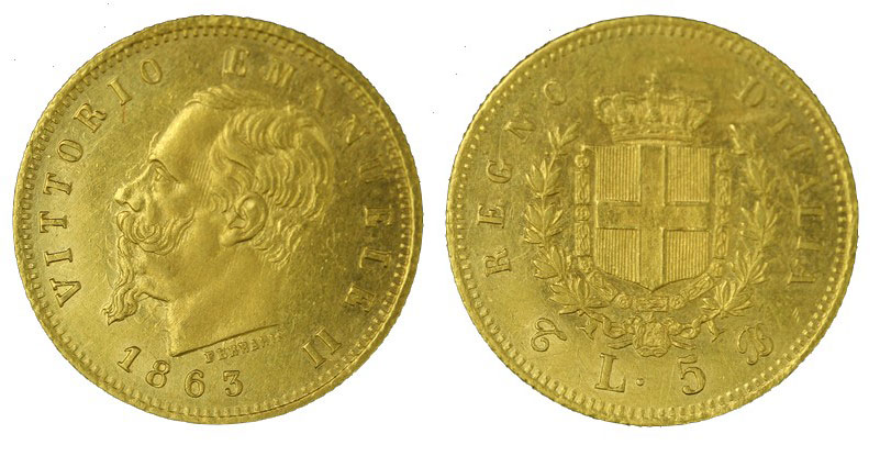 5 lire zecca di Torino gr.1,61 in oro 900/