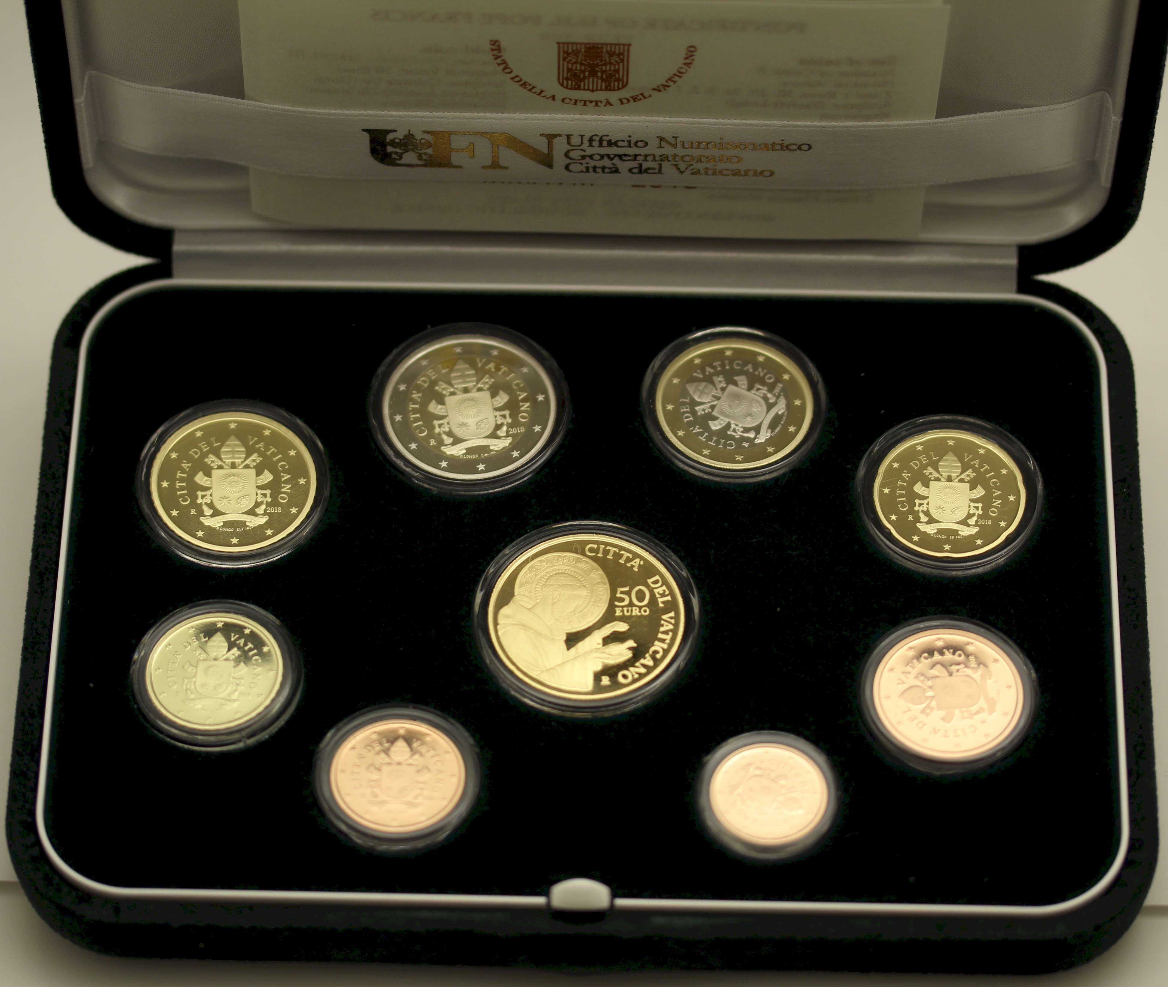 "San Francesco" - Serie completa di 8 monete con moneta da 50 euro gr. 15,00 in oro 917/000 - PREZZO SPECIALE!!