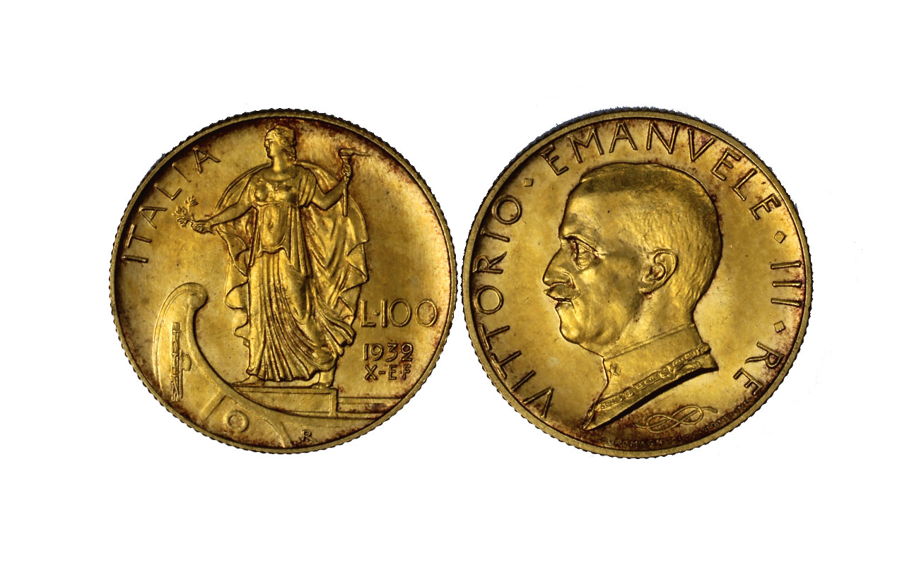 "Italia su prora" - Re vittorio Emanuele III - 100 lire gr. 8,80 in oro 900/°°°