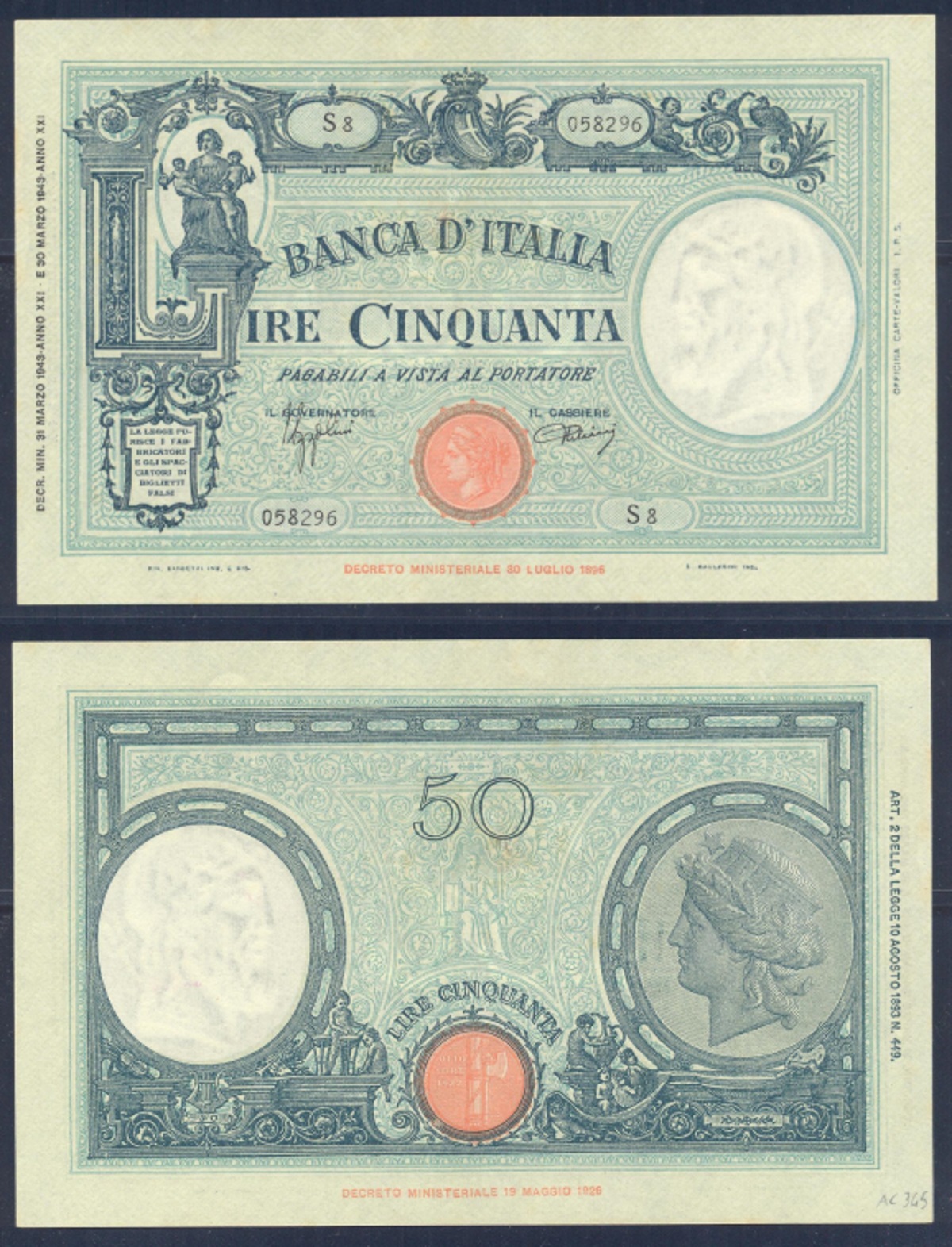 Vittorio Emanuele III - cinquanta lire con Grande Lettera "L"- dec. min. 31-03-1943