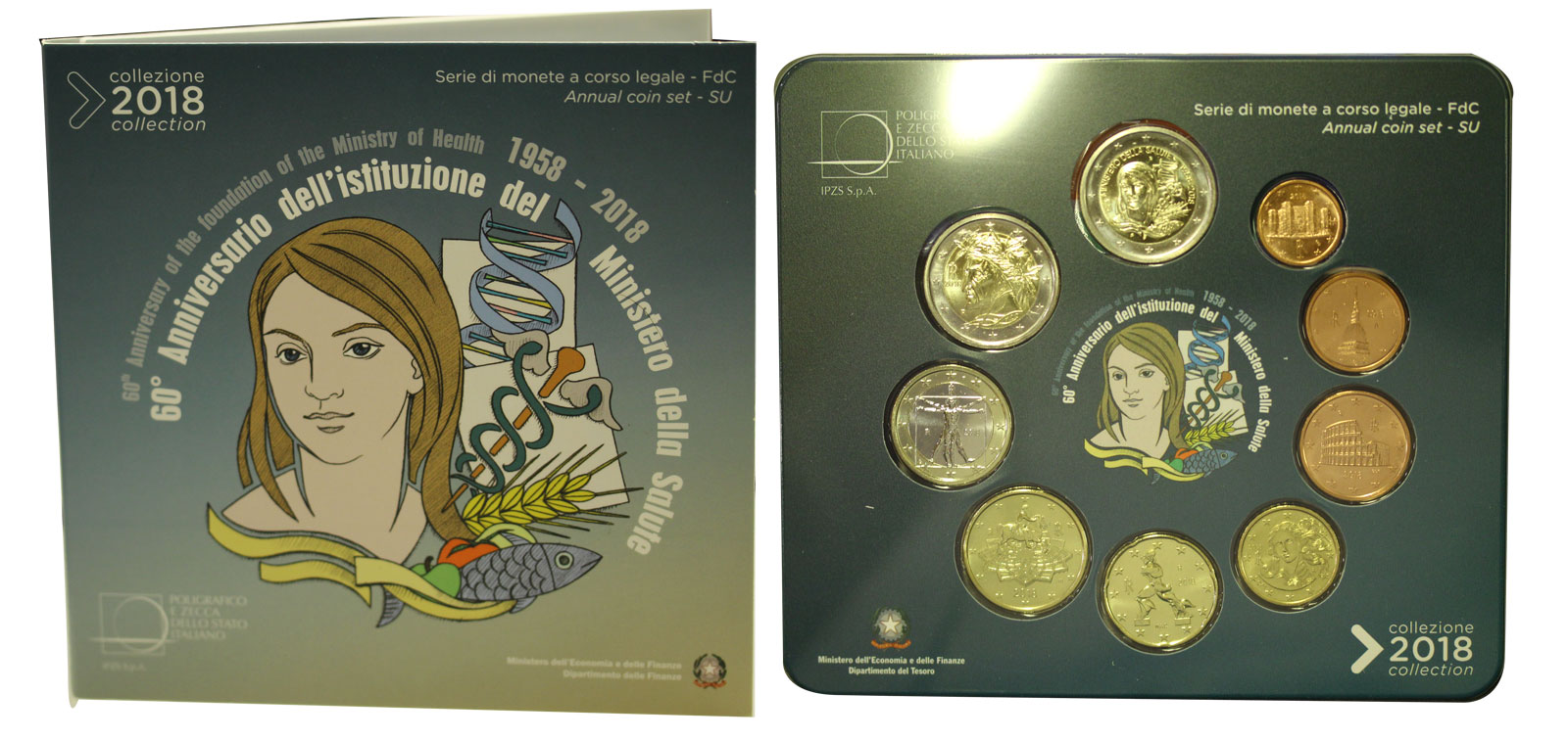Serie completa di 9 monete in confezione ufficiale con moneta da 2 euro "60 Anniv. Ministero della Salute"