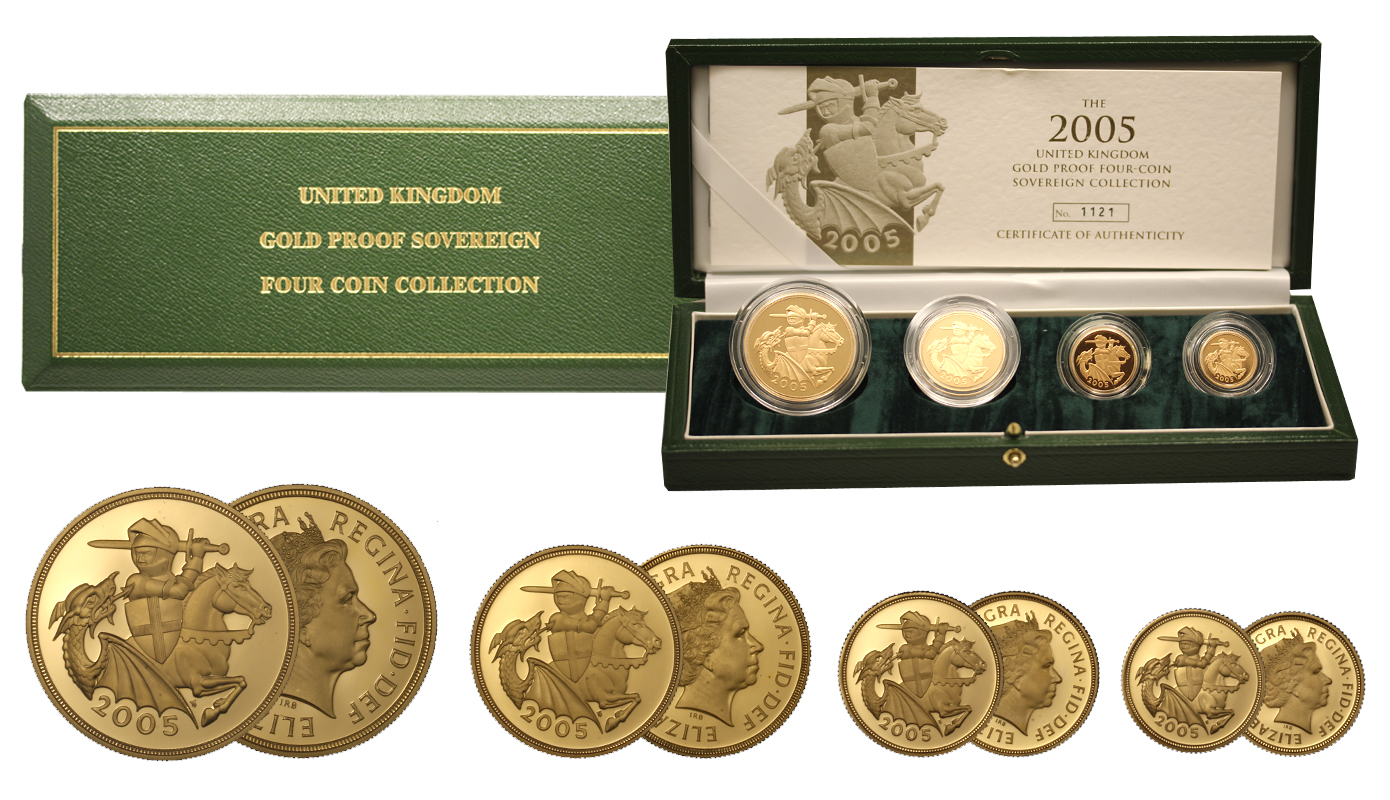 Set di 4 monete da 5 - 2 -1 - 1/2 sterlina gr. 67,83 in oro 917/000 - conf. originale 