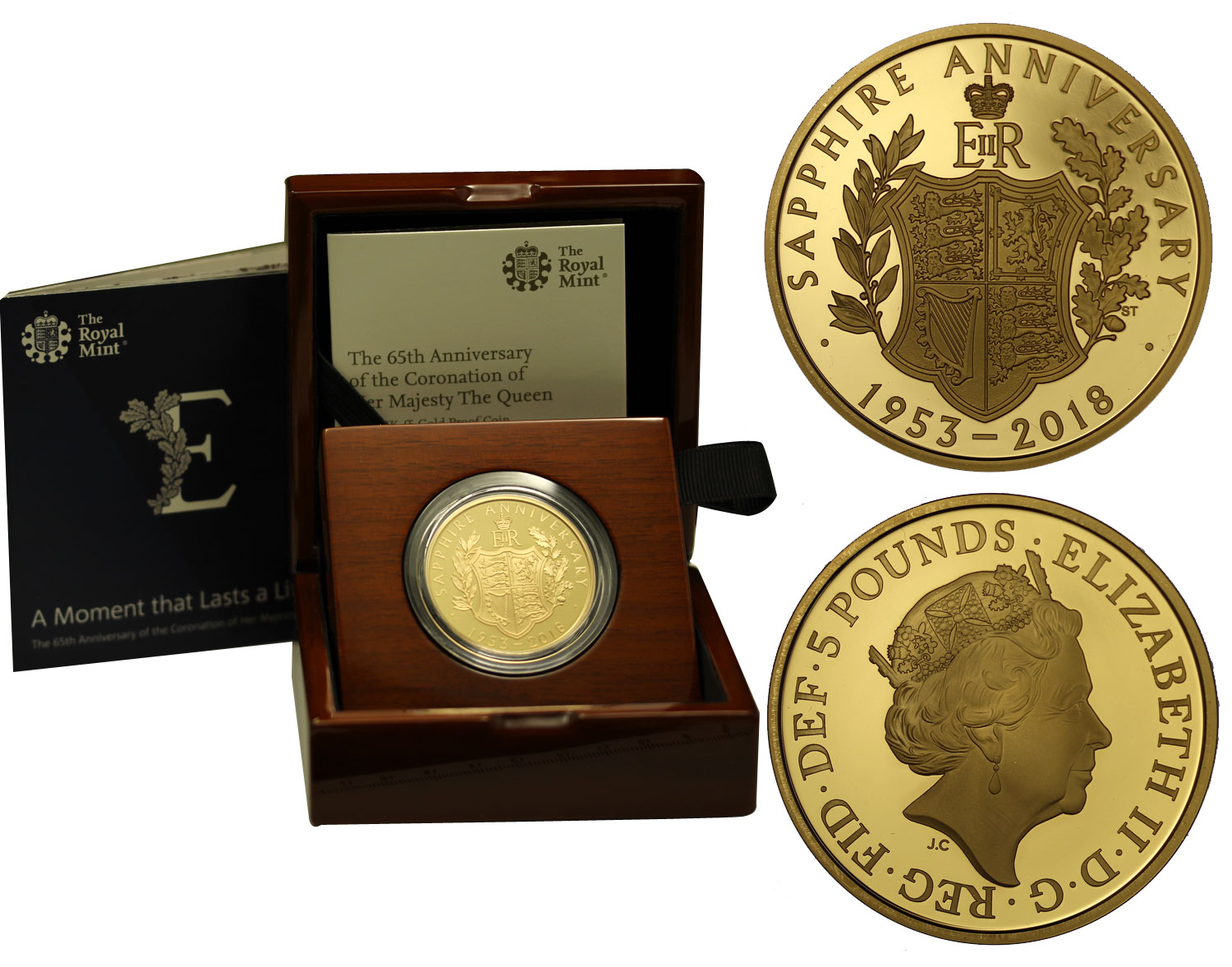 "65 Anniversario dell'Incoronazione" - 5 sterline gr. 39,94 in oro 917/000 - Tiratura 550 pezzi