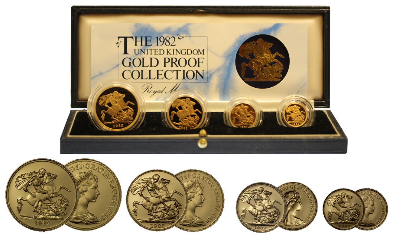 Serie di 4 monete da 5 - 2 -1 - 1/2 sterlina gr. 67,83 in oro 917/ - conf. originale