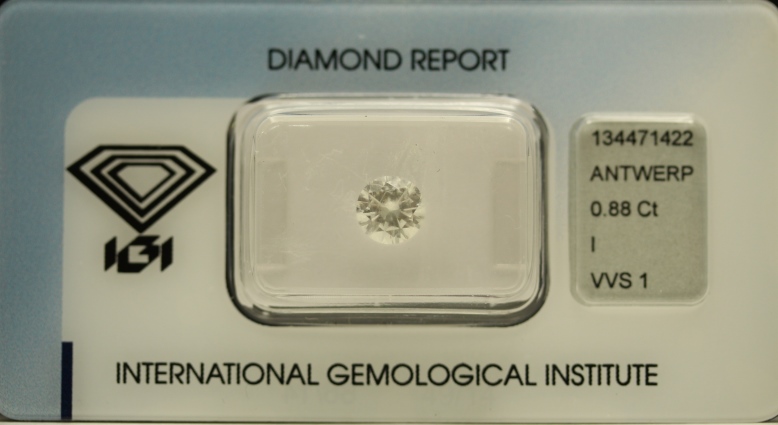 Diamante Rotondo a Brillante di ct. 0.88 - Purezza VVS1 - Colore I - Certificato IGI Anversa