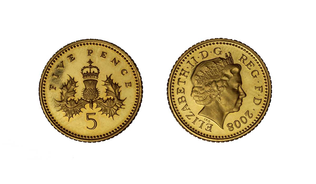 Regina Elisabetta - 5 pence gr. 6,30 in oro 917/000