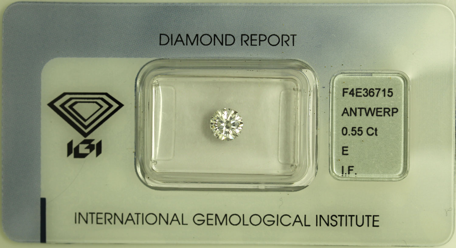 Diamante Rotondo a Brillante di ct. 0.55 - Purezza IF- Colore E - Certificato IGI Anversa 