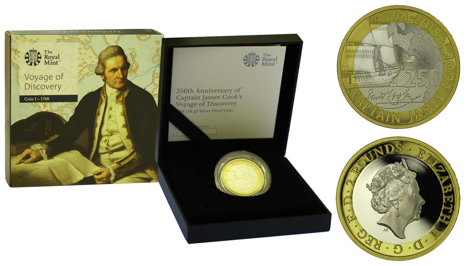"James Cook - 1a emissione" - Moneta da 2 sterline gr.12,00 in ag 925/ anello esterno placcato in oro