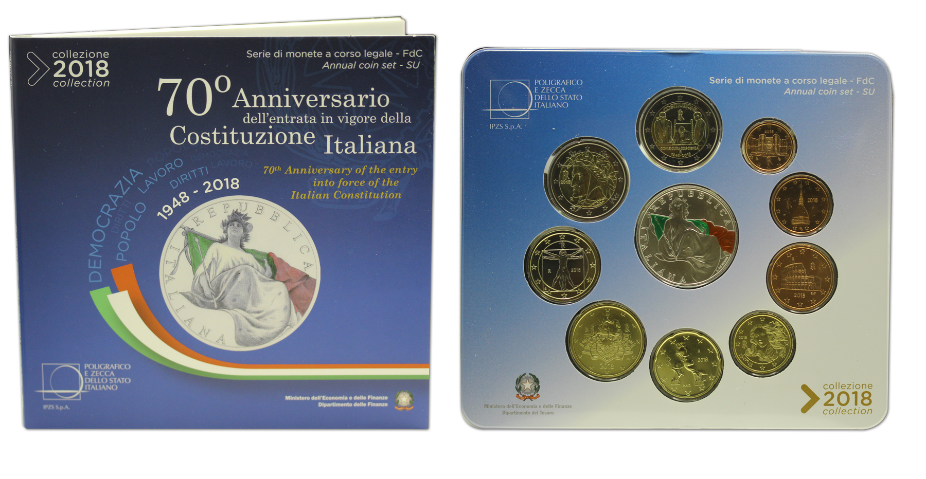 Serie completa di 10 monete in confezione ufficiale con moneta da 5 euro in Ag "70 Anniv. Costituzione Italiana"