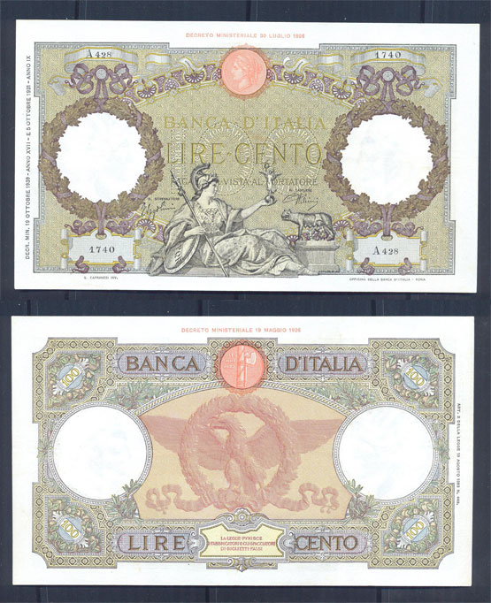 Vittorio Emanuele III - cento lire "Aquila Romana - Roma" - dec. min. 19-10-1939