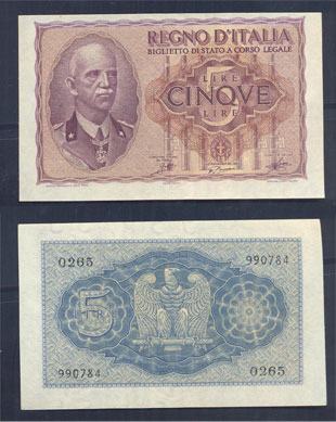 Vittorio Emanuele III - cinque lire "Imperiale" - 1940 XVIII - foto di repertorio