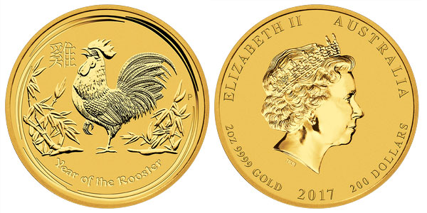 Calendario Cinese Anno del Gallo - 200 dollari gr. 62,206 in oro 999/000 - piccolo segno sul bordo