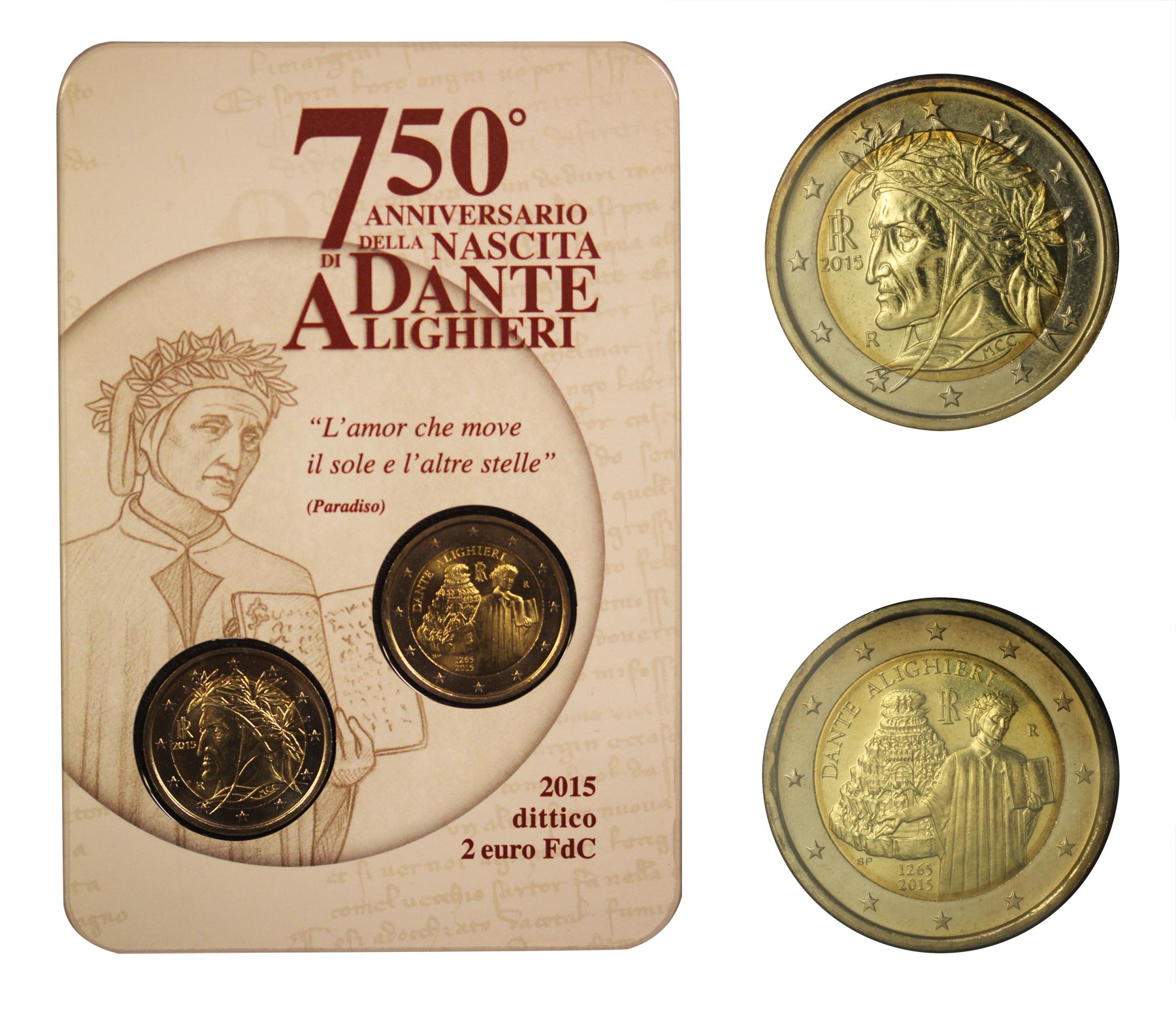 75 Anniv. della nascita di Dante Alighieri - dittico da 2 Euro in confezione ufficiale