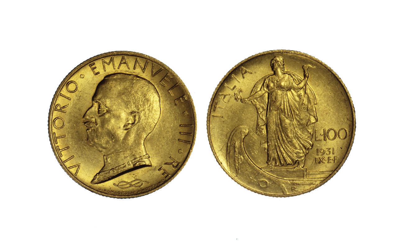 "Italia su Prora" - 100 Lire gr.8,80 in oro 900/ 