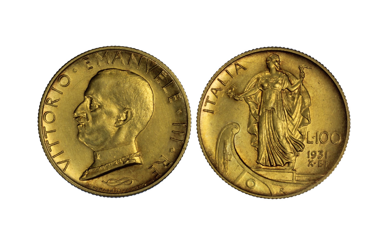 "Italia su Prora" - 100 Lire gr.8,80 in oro 900/