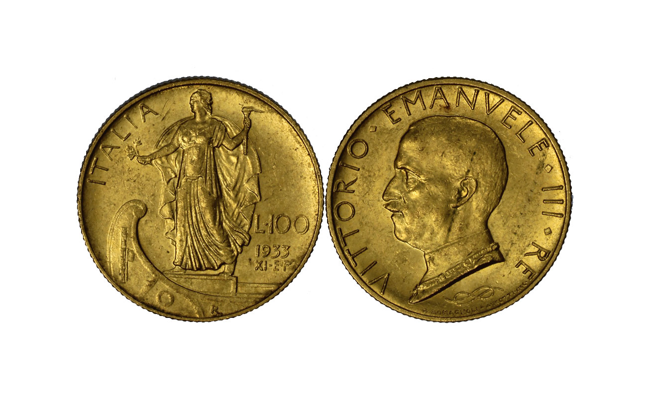 "Italia su prora" - Re vittorio Emanuele III - 100 lire gr. 8,80 in oro 900/°°°
