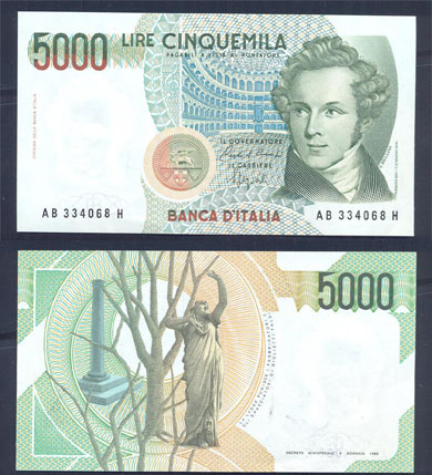 Repubblica Italiana - cinquemila lire "Bellini" - dec. min. 12-01-1988