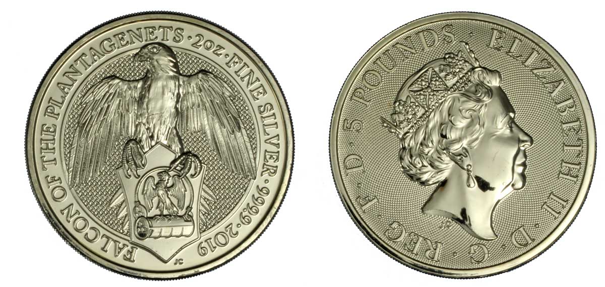 "Figure araldiche della regina - Falco dei Plantageneti" - moneta da 5 Pounds (2 oz) gr. 62,20 ag 999/