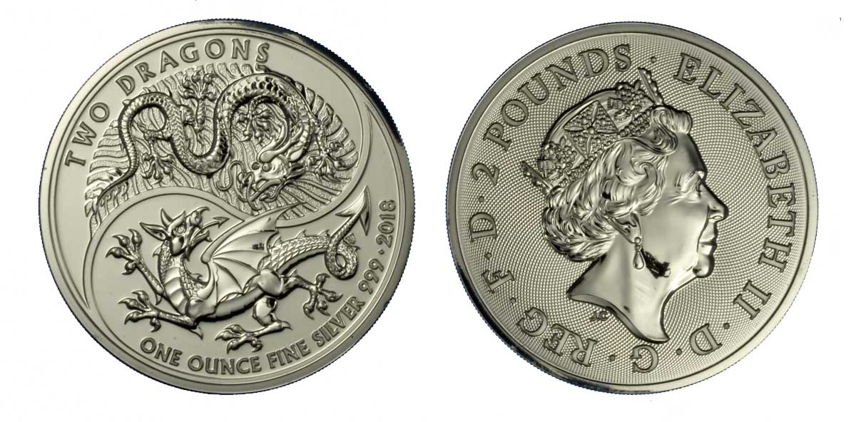 "Due Dragoni" - moneta da 2 pounds (1 oncia) gr. 31,10 in ag. 999/