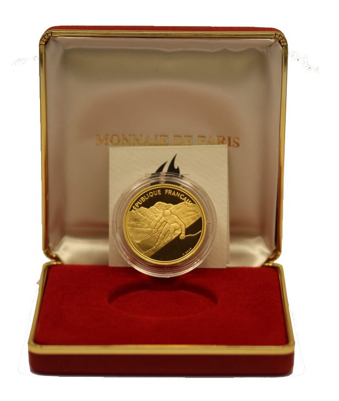 "Albertville - Sci Alpinismo" - 500 franchi gr. 17,00 in oro 920/000 - conf. originale