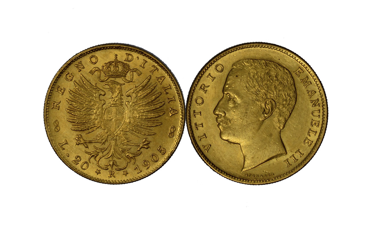 "Aquila Sabauda" - Re Vittorio Emanuele III - 20 lire gr. 6,45 in oro 900/