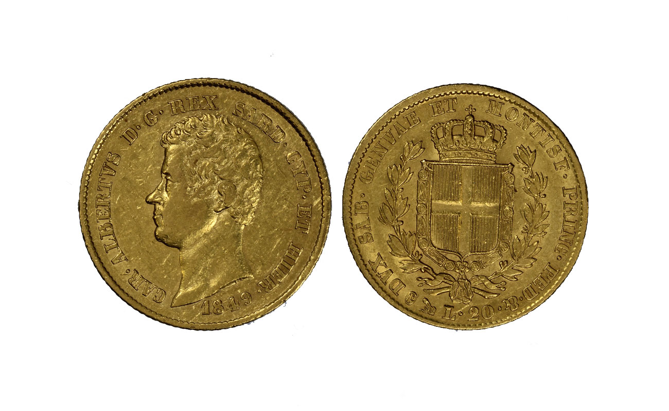 Re Carlo Alberto - 20 lire zecca di Genova gr. 6,45 in oro 900/