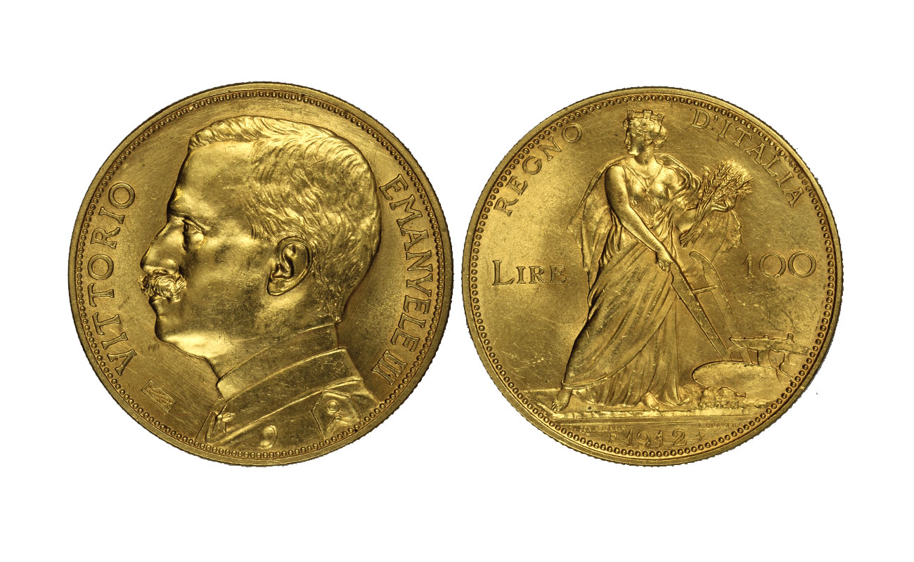 Re Vittorio Emanuele III - "Aratrice" - 100 Lire gr. 32,25 in oro 900/