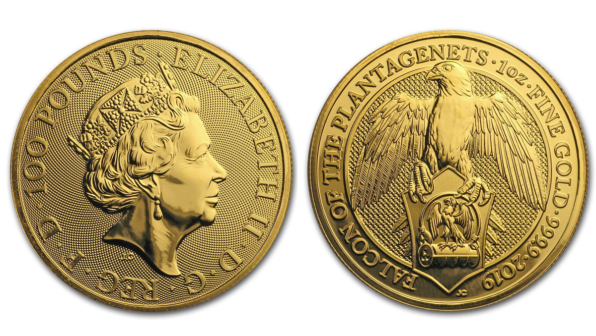 "Queen's beasts: Falcon of the Plantagenets" - Regina Elisabetta II - Oncia gr. 31,103 in oro 999/
