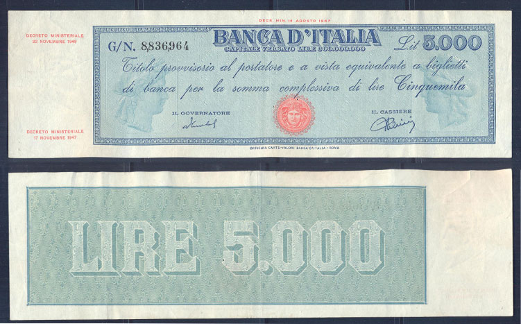 Repubblica Italiana - cinquemila lire "Titolo Provvisorio" - dec. min. 22-11-1949