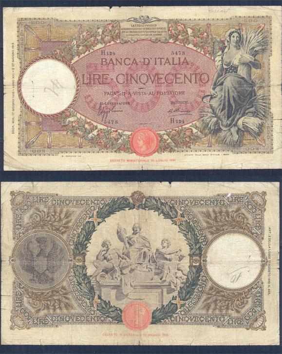 Vittorio Emanuele III - cinquecento lire "Mietitrice" - dec. min. 17-06-1935