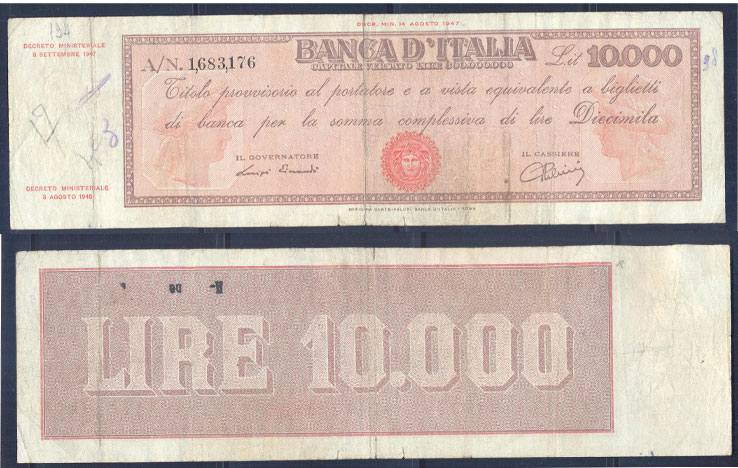 Repubblica Italiana - diecimila lire "Titolo Provvisorio" - dec. min. 08-09-1947