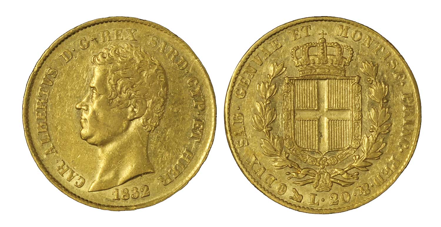 Carlo Alberto - 20 lire zecca di Genova gr.6,45 in oro 900/ - FERT FERT FERT