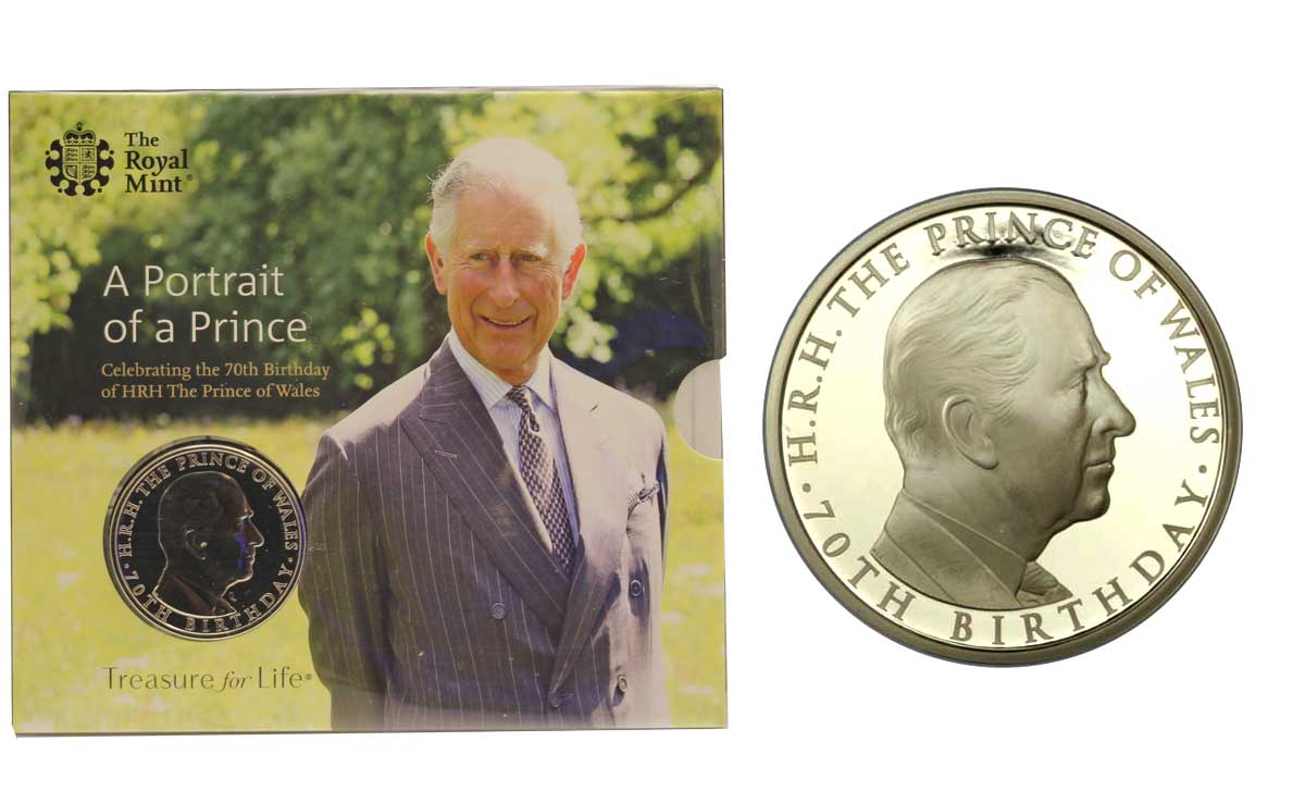 "70 compleanno del Principe Carlo" - moneta da 5 pounds in nickel in folder ufficiale