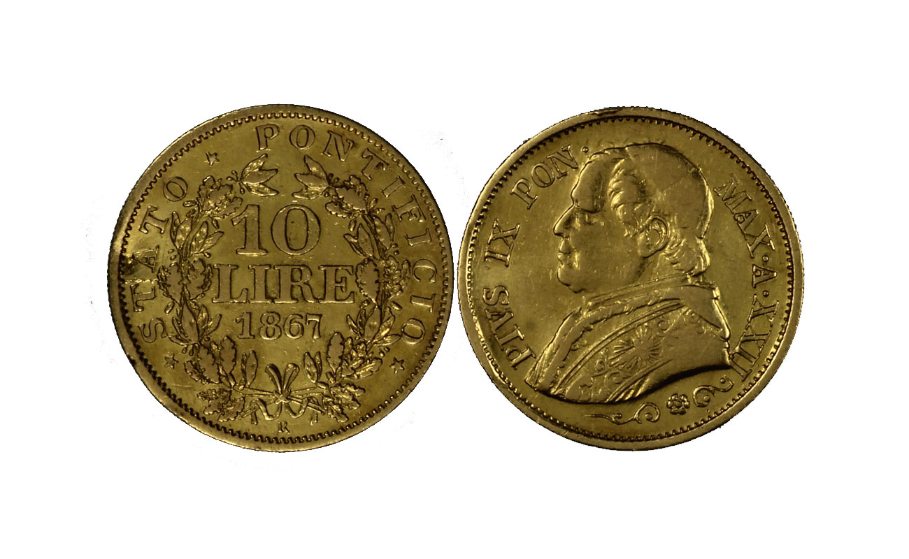 Papa Pio IX - 10 Lire gr. 3,22 in oro 900/ - Schiacciatura al bordo