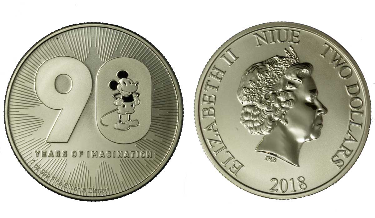"90 anniversario di Topolino" - moneta da 2 dollari gr. 31,103 (1 oncia) in ag. 999/