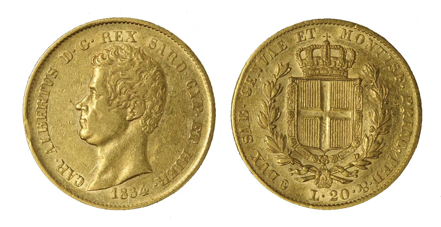 Carlo Alberto - 20 lire senza segno di zecca gr.6,45 in oro 900/